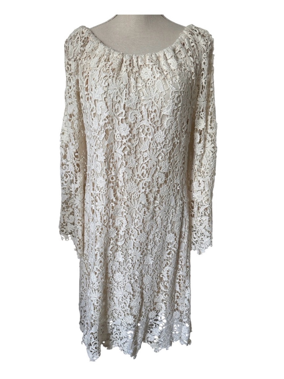 BRONTE Cream Crochet Bell Long Sleeve Mini Dress Cottagecore Wedding Large